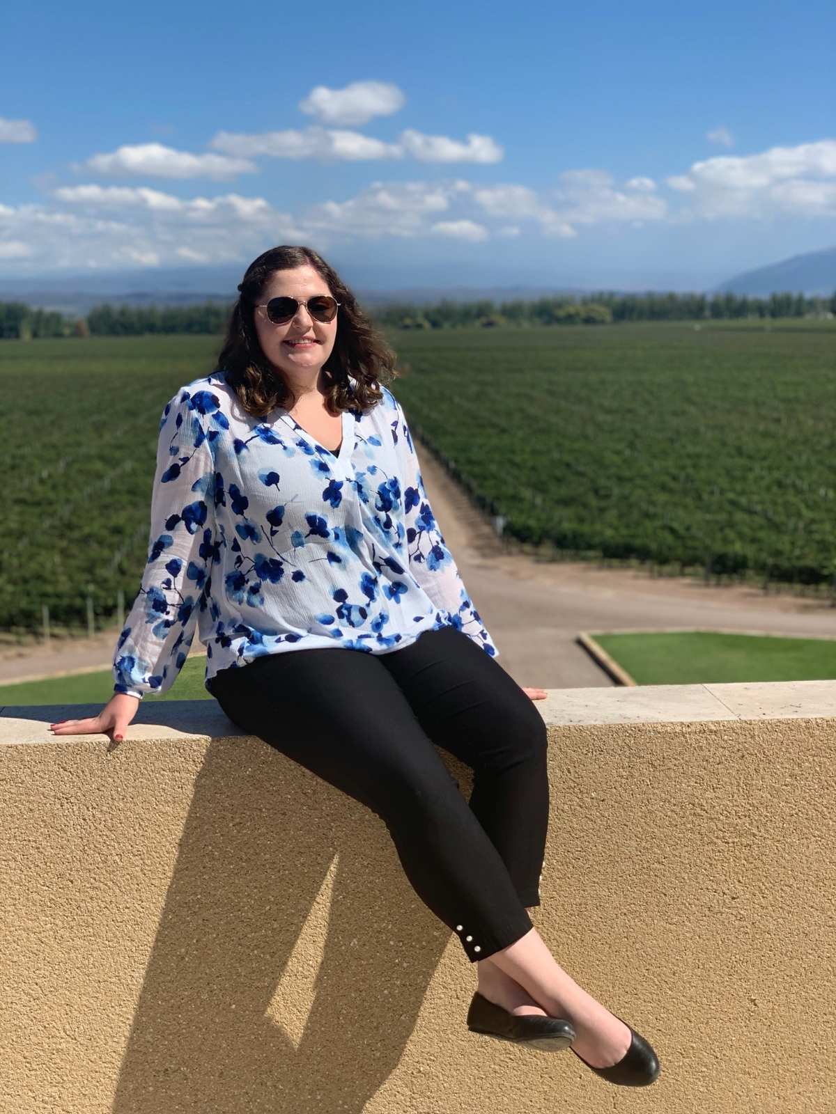 Sarah Bryant sitting on walkway ledge overlooking crop field in Argentina